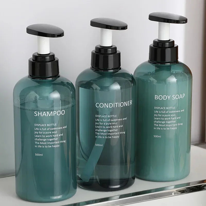 Shampoo Conditioner Body Wash Dispenser Set, Printed Letters Bathroom Soap Bottle Dispenser, Shower Pump Shampoo Dispenser Peaceful Pleasures Health and Wellness blue 300ml