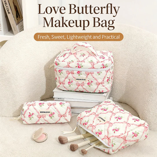 Bow Flower Quilted Makeup Bag – Zipper Cosmetic Organizer Cosmetic Bag Oasis Select