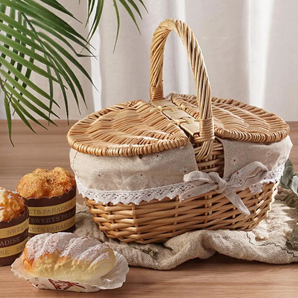 Handmade Wicker Picnic Basket With Lid and Handle Peaceful Pleasures Health and Wellness
