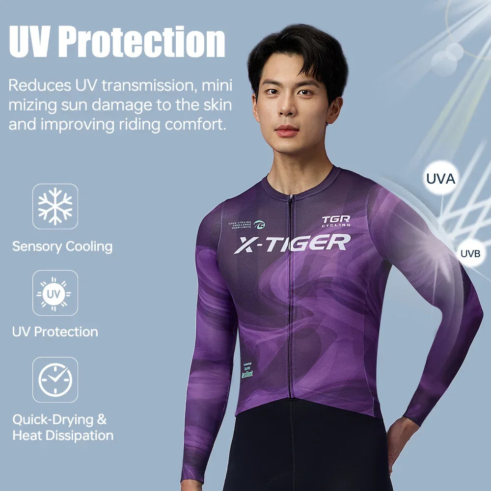 X-TIGER Men's Long Sleeve Cycling Jersey – Breathable Slim Fit