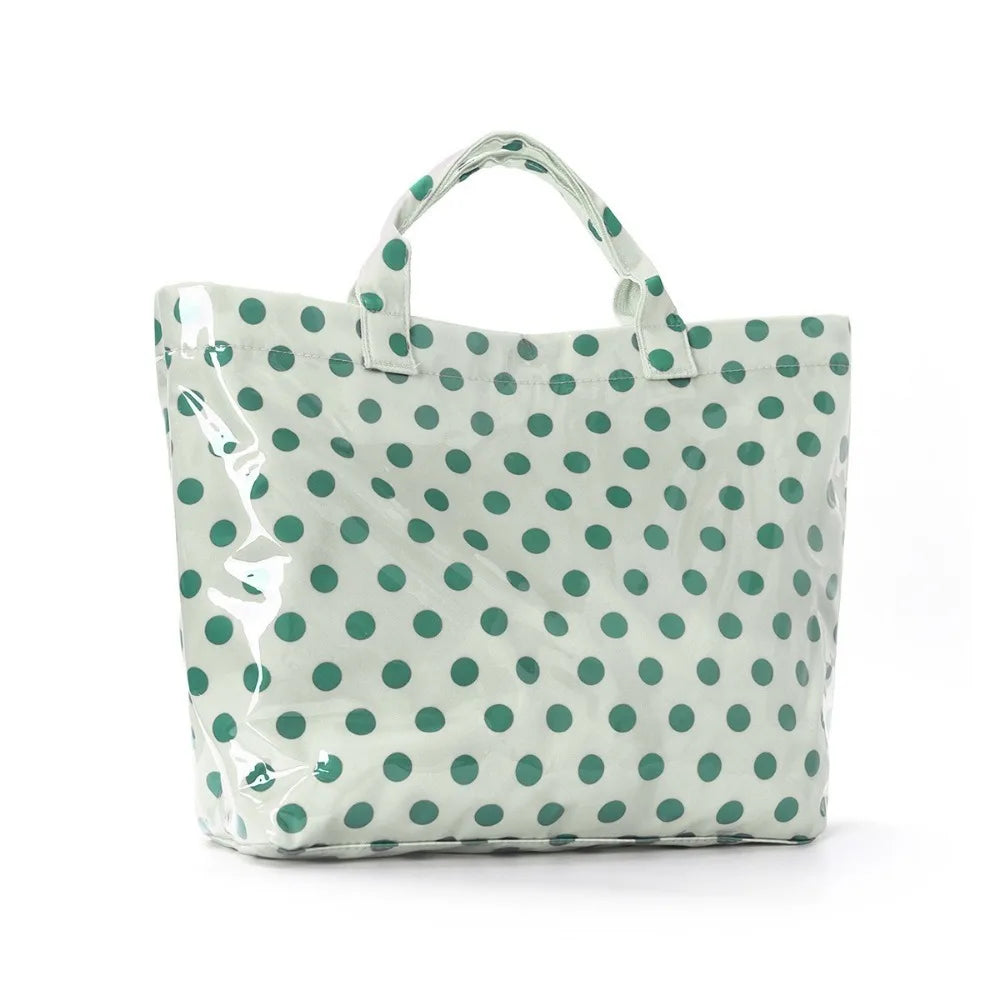 Large Polka Dot PVC Tote Bag – Waterproof Beach & Travel Handbag Waterproof Tote Bag Peaceful Pleasures Health and Wellness Beige Green