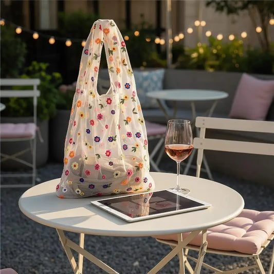 Mesh Embroidered Floral Tote Bag | Travel & Shopping Bag Embroidered Tote Bag Oasis Select