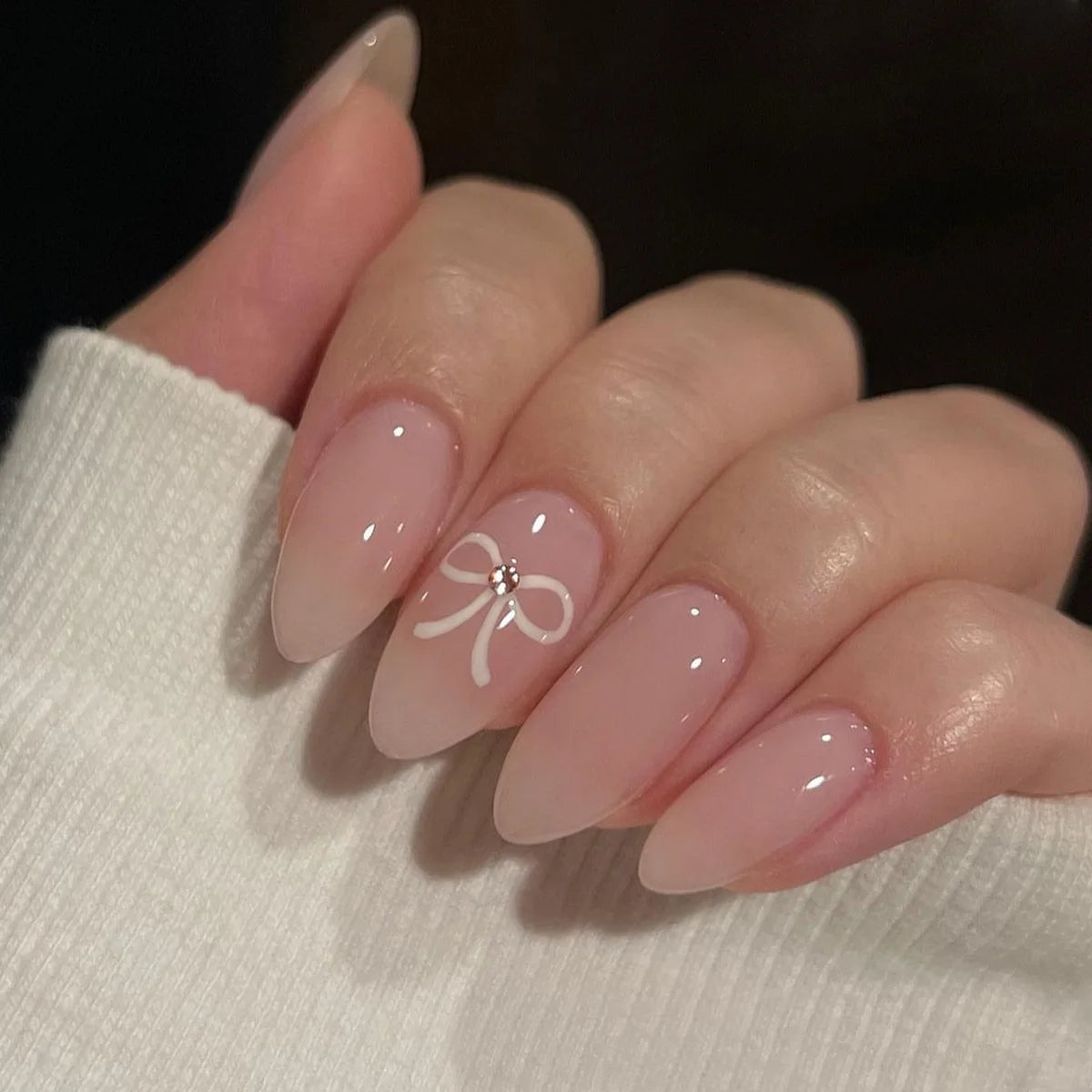 24Pcs Almond Press on Fake Nails French False Nails with Pink Bow Flower Design Oval Manicure Wearable Full Cover Fake Nail Tips Peaceful Pleasures Health and Wellness J2