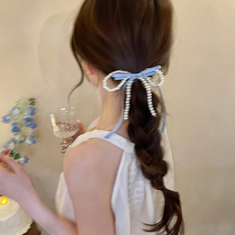 Fairy Ribbon Bow Pearl Hairpin for The Back of The Head New Girlish Heart Side Clip New Simplicity Fresh and Sweet Duckbill Clip Peaceful Pleasures Health and Wellness