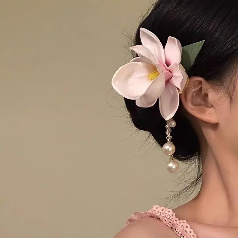 Pink Magnolia Pearl Tassel Hair Clip New Chinese Style Gentle and High End Feeling Spring New Clip Headband Hair Clip Versatile Peaceful Pleasures Health and Wellness