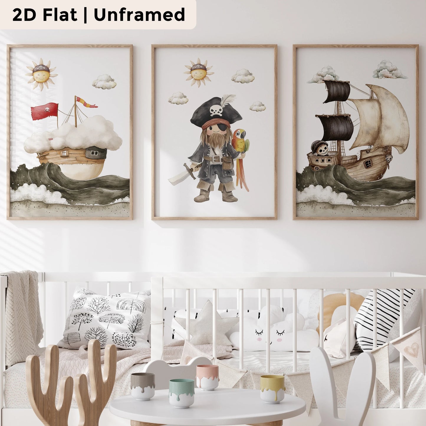 3-Piece Cartoon Pirate Parrot Canvas Wall Art | Kids Room Decor