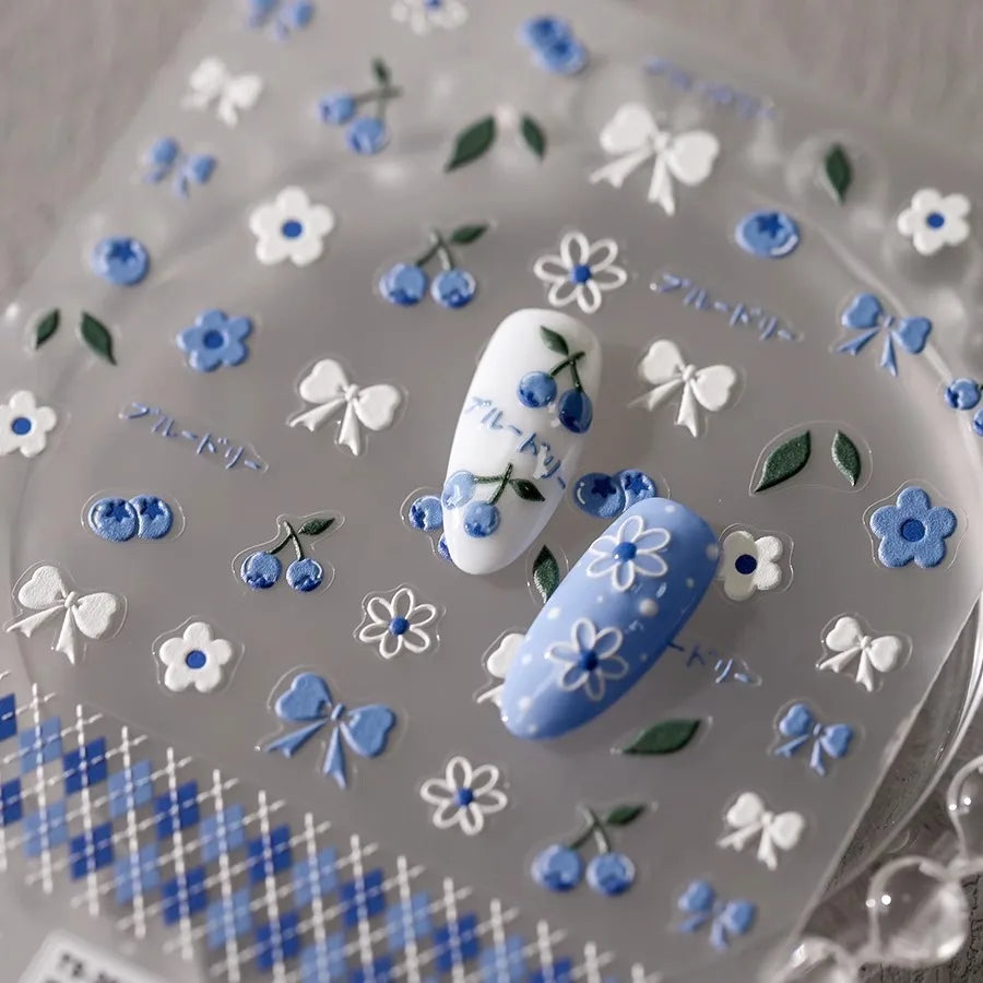Blueberry Floral Nail Stickers | Blue White Bow Manicure Decals