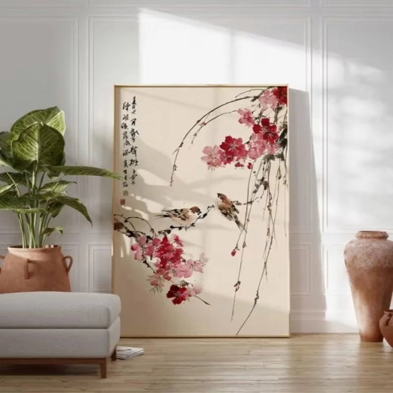 Chinese Cherry Blossom & Bird Canvas Wall Art Print