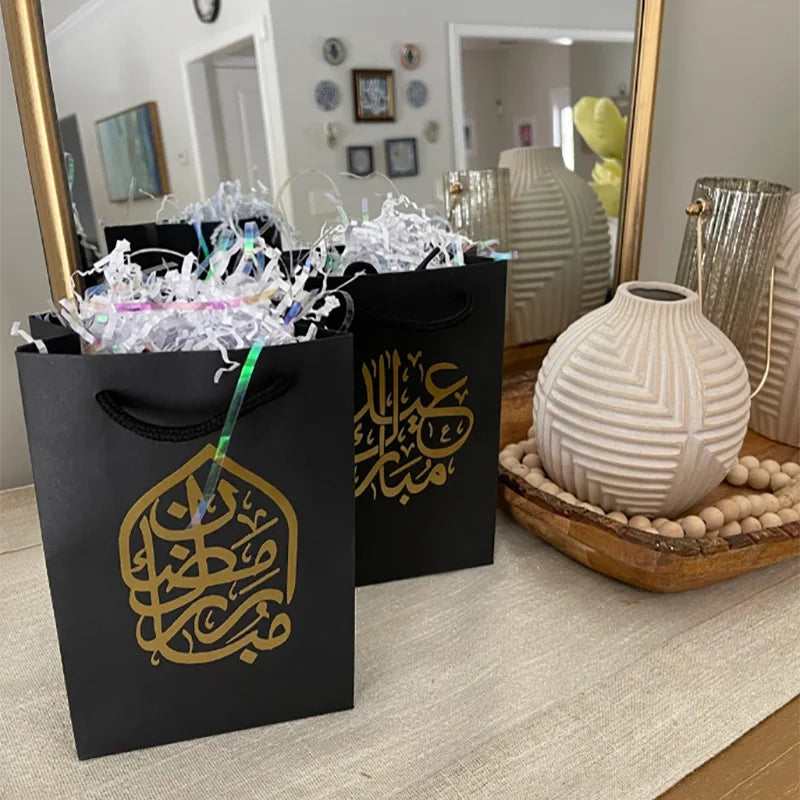 5-Pack Black Ramadan Mubarak Gift Bags | Eid Al-Fitr Kraft Paper Holiday Gift Bags Peaceful Pleasures Health and Wellness