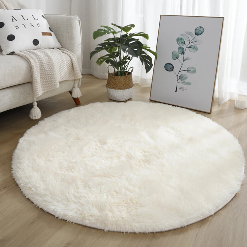 Round Fluffy Shaggy Rug – Soft Plush Cream White Circle Carpet