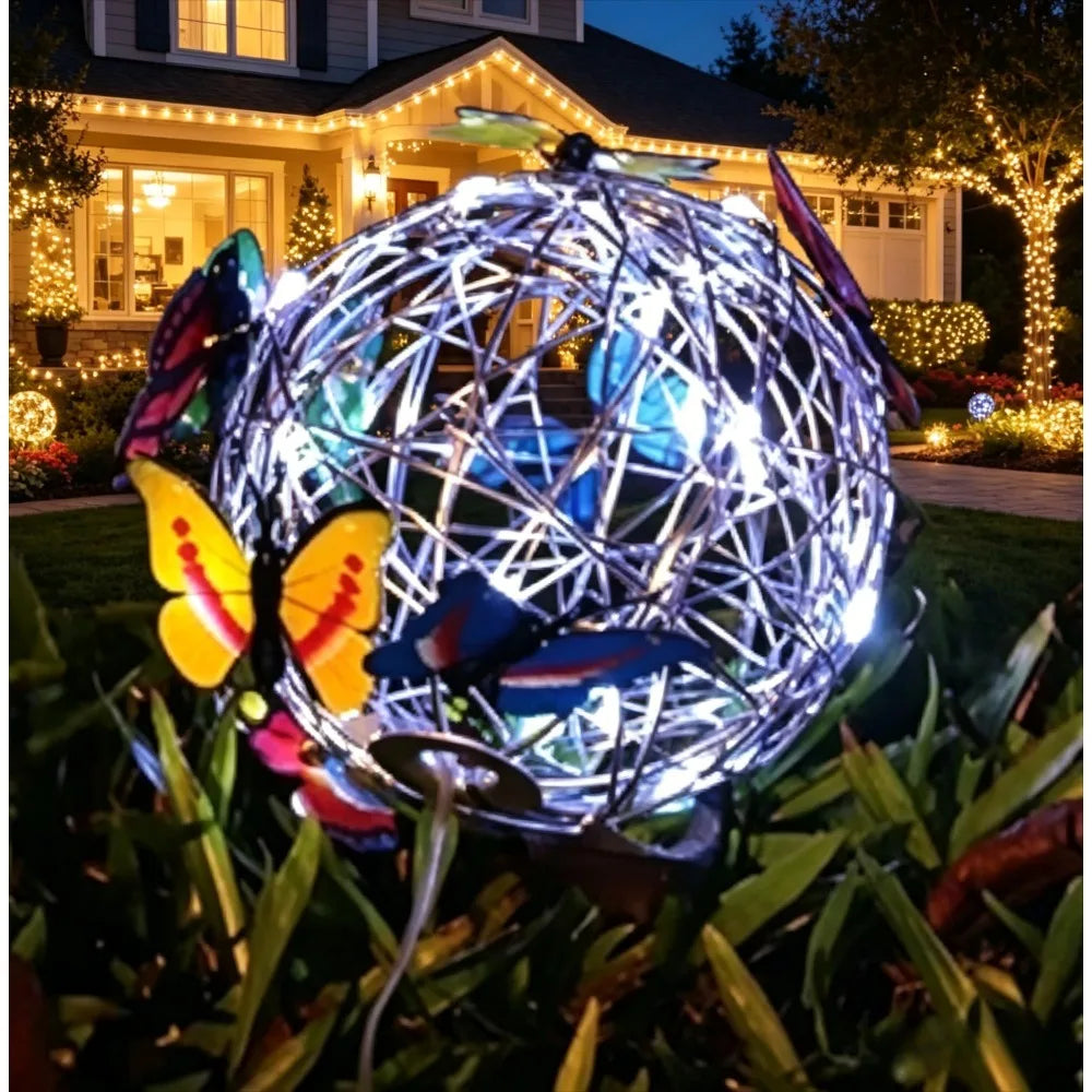 Outdoor Solar Garden Light Metal Home Decorative Nightlight Butterfly Pendant Waterproof Butterfly Round Ball Light Weaving Mesh Peaceful Pleasures Health and Wellness