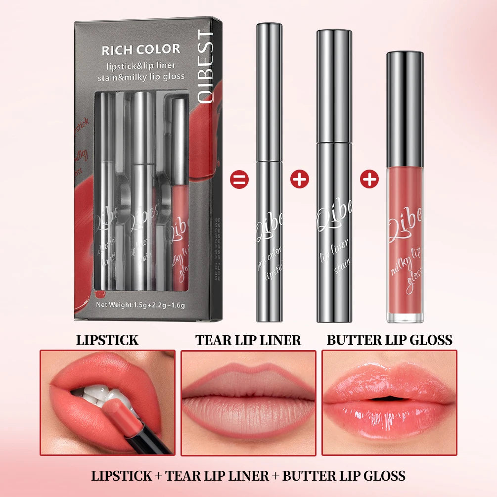 QIBEST New 3pcs Liquid Lipstick + Lip Liner +Lip Glaze Makeup Set Nude Black Velvet Lip Gloss Tint Long Lasting Cosmetics Kits Peaceful Pleasures Health and Wellness