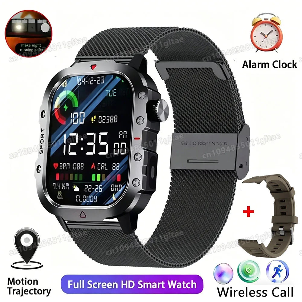 2026 New Military Outdoor Smart Watch Men's GPS Flashlight Bluetooth Call 2.01" AMOLED Screen 3ATM Waterproof Sports Smartwatch Peaceful Pleasures Health and Wellness Br22BkMilan Smartwatch
