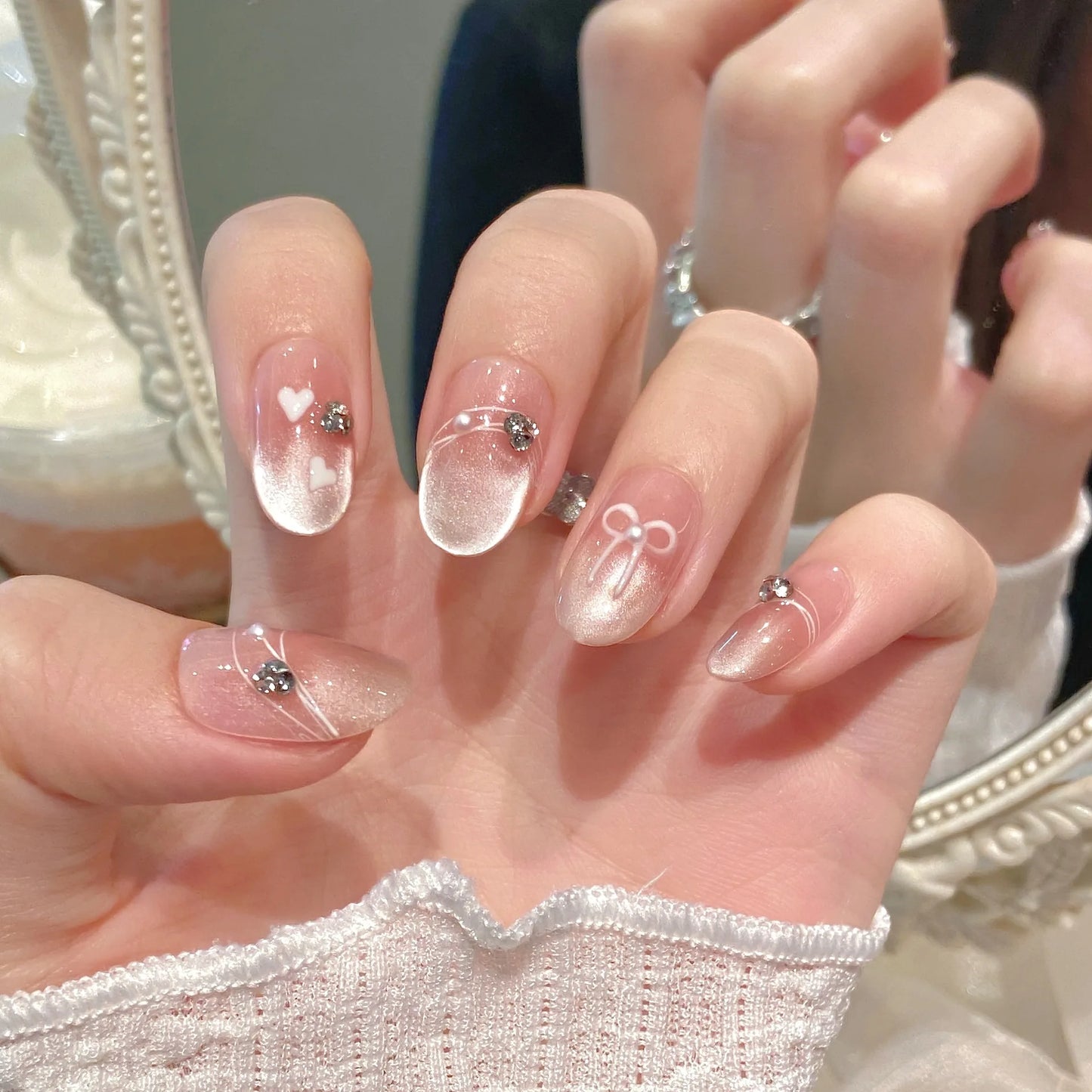Sweet Pink Cat Eye Press-On Nails with Bow | Korean Style