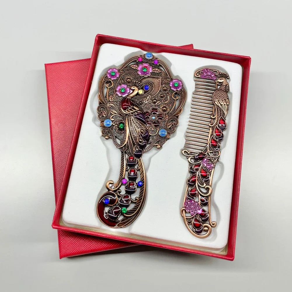 Creative Retro Peacock Open Screen Small Mirror Handle Metal Makeup Mirror Portable Mirror Comb Set Holiday Gift Makeup Mirror Peaceful Pleasures Health and Wellness