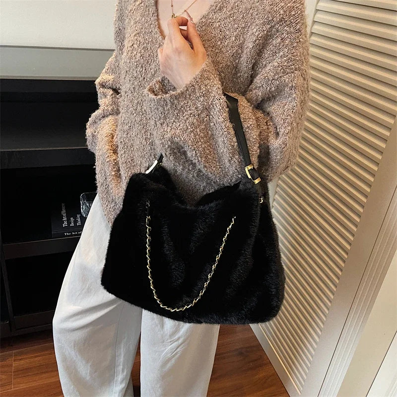 Practical Retro Plush Bag for Women Large Capacity Tote Shoulder Handbag Autumn Winter Fashionable Versatile for Daily Commuting Peaceful Pleasures Health and Wellness
