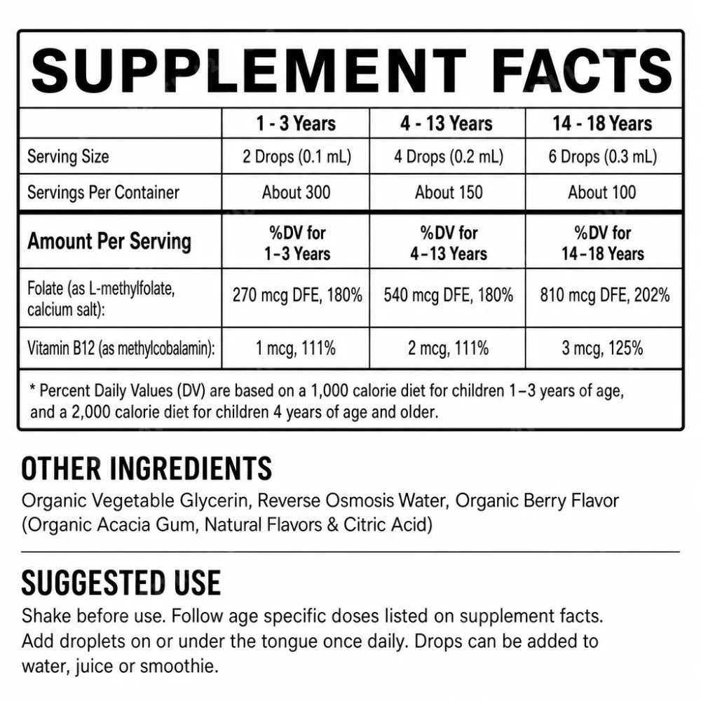 Kids L-Methylfolate 5-MTHF & Methyl B12 Drops | Organic Berry 30ml