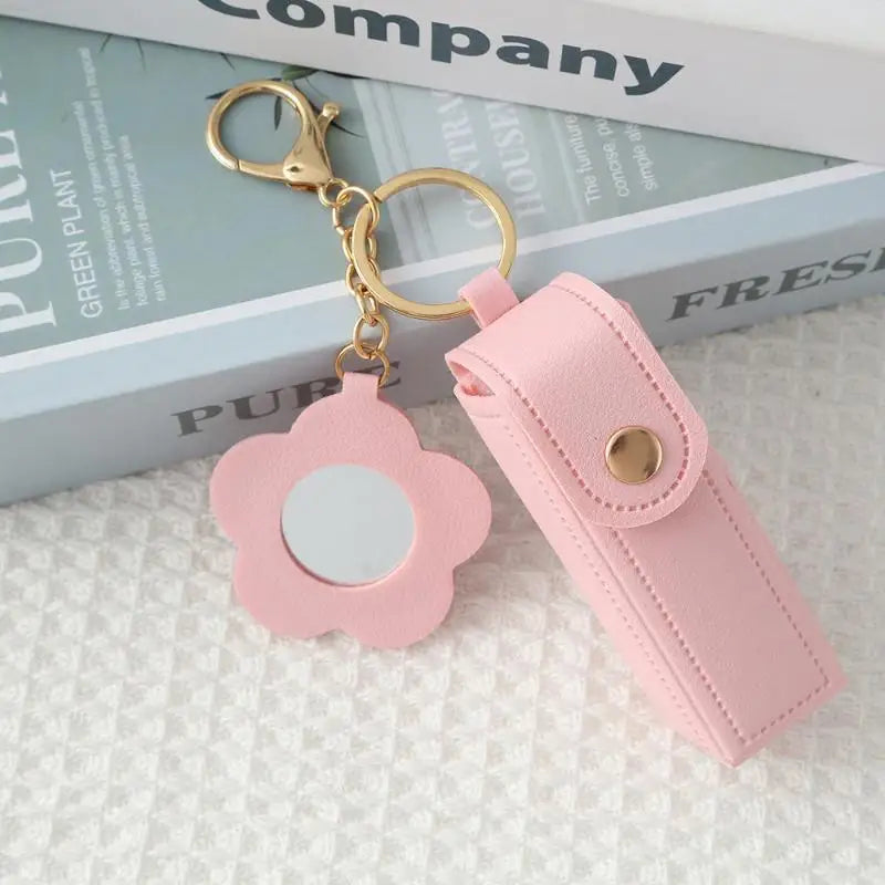 PU Leather Lipstick Holder Keychain with Flower Mirror