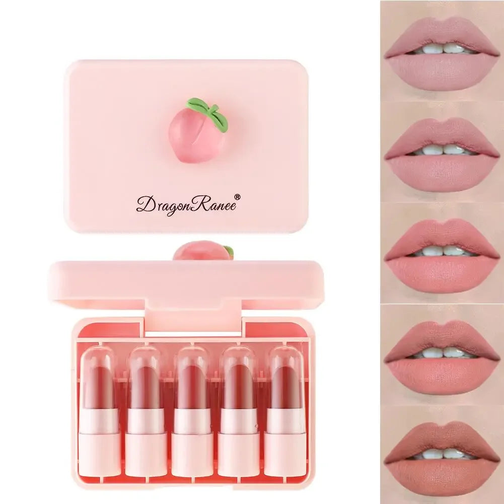 5Pcs Mini Lip Gloss Lipstick Makeup Gift Peach Lipstick Lip Tint Set Cute Matte Lipsticks Waterproof Long-lasting Non Stick Cup Peaceful Pleasures Health and Wellness 1 set