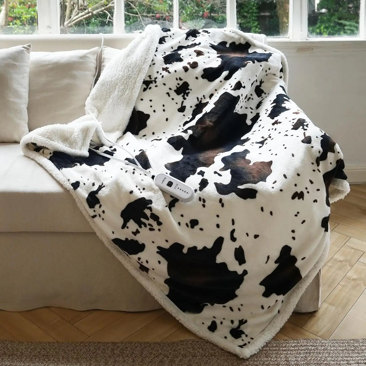 Cow Print Heated Electric Blanket – 10 Heat Levels, 62x84" Peaceful Pleasures Health and Wellness