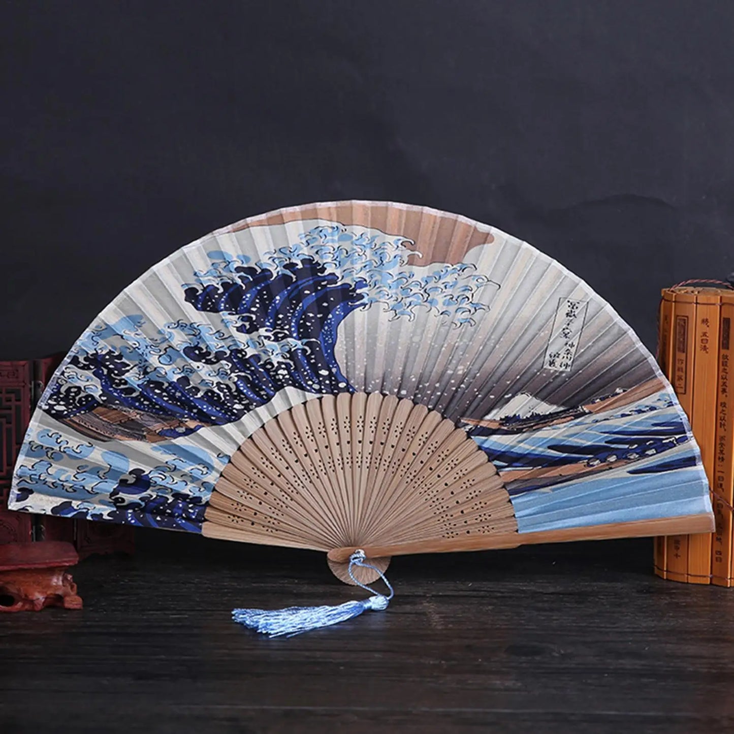 Bamboo Silk Folding Hand Fan – Japanese Wave Design | Gift