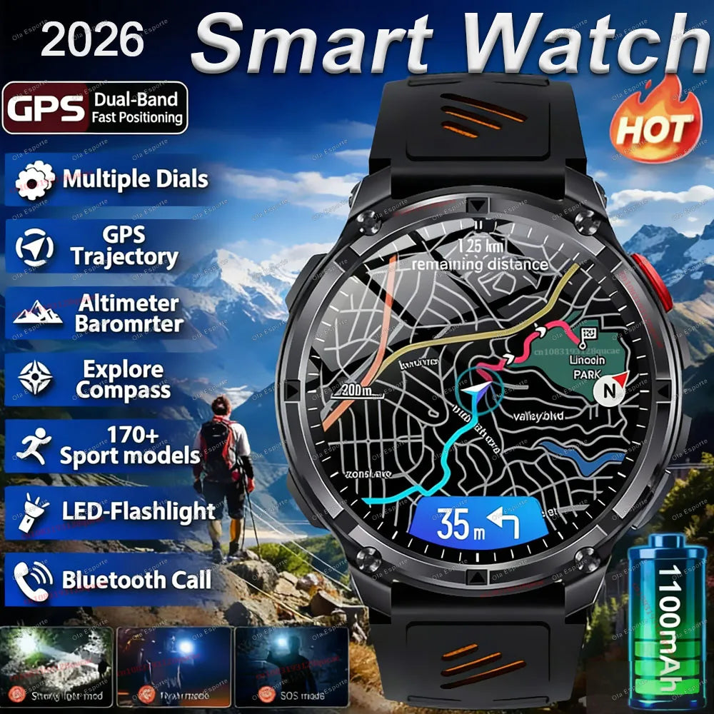 2026 New 1100mAh 1.7 Inch Smart Watch GPS path 5ATM Waterproof Sports Run Hiking Outdoors Compass Flashlight Military Smartwatch Peaceful Pleasures Health and Wellness