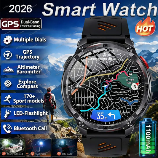 2026 New 1100mAh 1.7 Inch Smart Watch GPS path 5ATM Waterproof Sports Run Hiking Outdoors Compass Flashlight Military Smartwatch Peaceful Pleasures Health and Wellness