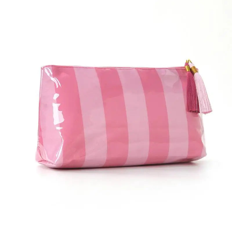 Waterproof Striped PVC Cosmetic Bag with Tassel Zipper