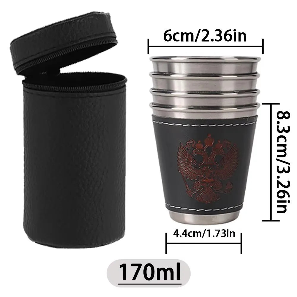 4-Piece Stainless Steel Travel Cup Set | PU Leather Sleeve