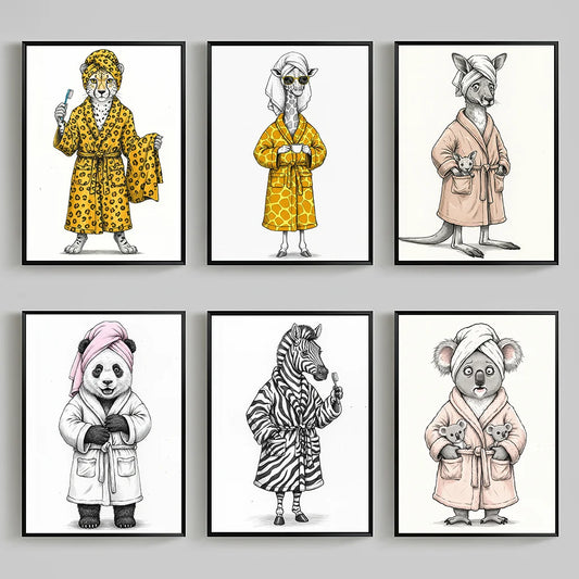 Animal Bathroom Wall Art, Nordic Funny Canvas Painting, Cute Bath Robe Animals Poster Print for Restroom Room Wall Decor Peaceful Pleasures Health and Wellness