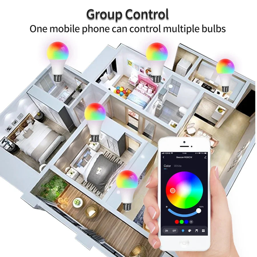 AC85-265V 15W E27 Bluetooth Smart Bulb Tuya Smart Life APP Control RGBCW Colorful Timing Function Dimmable Music Sync Home Decor Peaceful Pleasures Health and Wellness