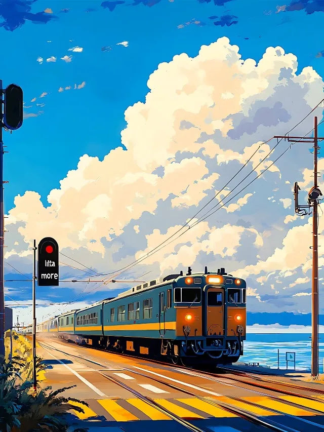 Japanese Anime Landscape Canvas Print | Tram Train Ocean Wall Art Canvas Wall Art Print Peaceful Pleasures Health and Wellness 8 20x30cm Unframed