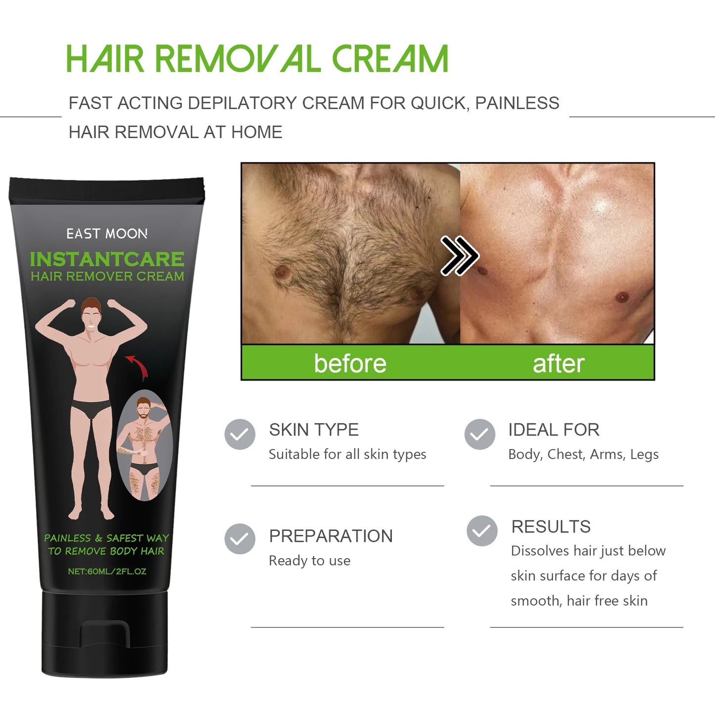 East Moon Men's Painless Hair Removal Cream 60ml – Depilatory