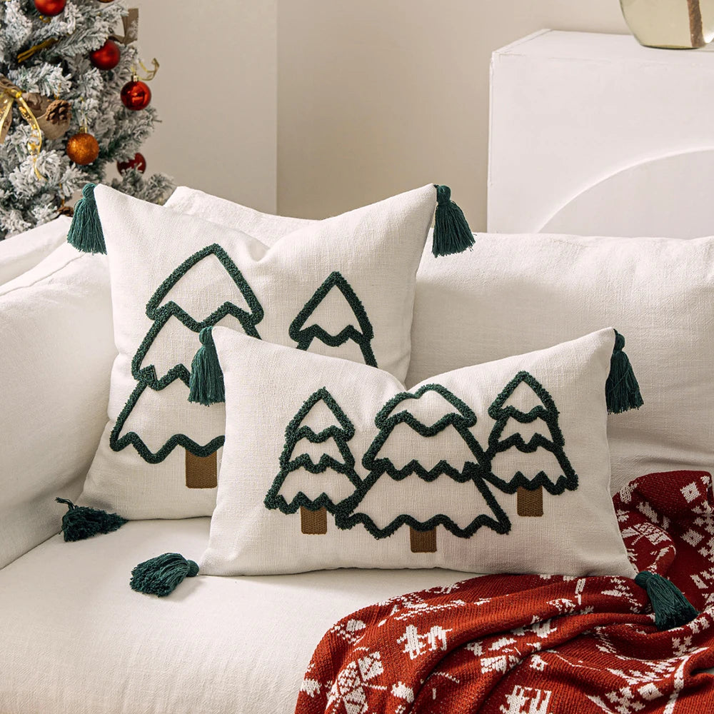 Battilo Christmas Throw Pillow Cover with Tassels Decorative Green Tufted Pillowcase for Sofa Bed Cushion Case for Home Decor Peaceful Pleasures Health and Wellness White Green 30x50cm