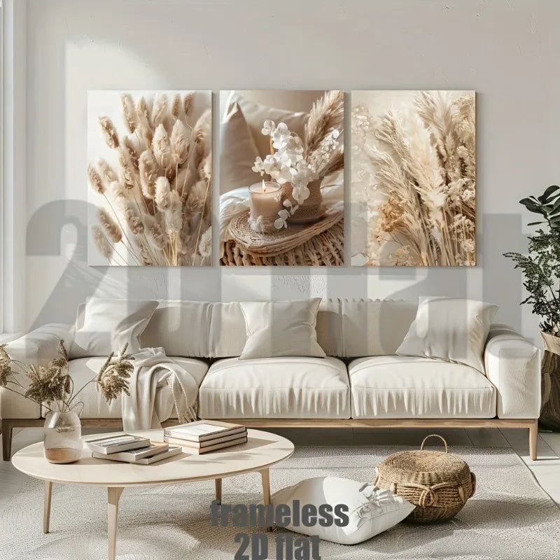 3-Piece Beige Plant Triptych Canvas Wall Art | Unframed Set Canvas Wall Art Set Peaceful Pleasures Health and Wellness