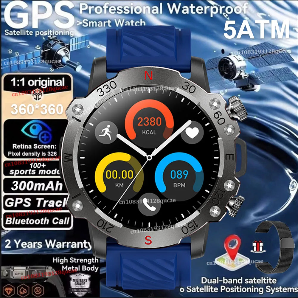 New Dual-Band GPS Military Smart Watch 5ATM Water-Resistant 300mAh Battery Compass GPS Sport SmartWatch Men For Android IOS 2025 Peaceful Pleasures Health and Wellness Blue Black Milan