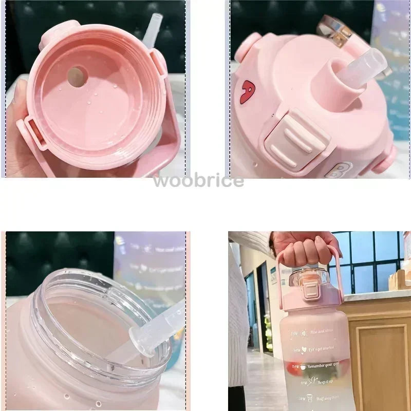 2L Motivational Sports Water Bottle with Time Marker & Straw