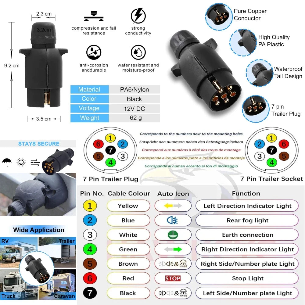 12V 7 Way / 13Way Round Standard European Car Plug Connector Car Trailer 7/13 Pin RV Socket Plugs for Trailers Peaceful Pleasures Health and Wellness