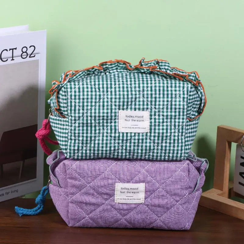 Women's Vintage Gingham Cosmetic Makeup Bag With Ruffled Edges-Large Capacity Organizer For Daily Travel Peaceful Pleasures Health and Wellness