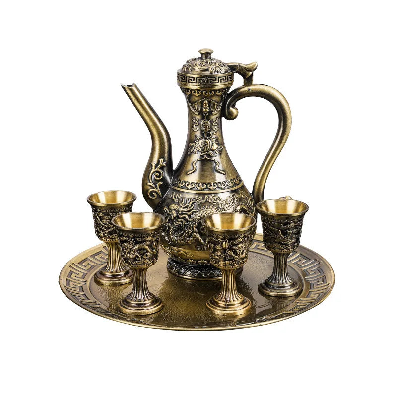 6 Pcs set Dragon and Phoenix Wine Set Tea Pot Home Party Decorative With 4 Cup Set Coffee Tea Serving Pot With Round Shaped Tray Peaceful Pleasures Health and Wellness