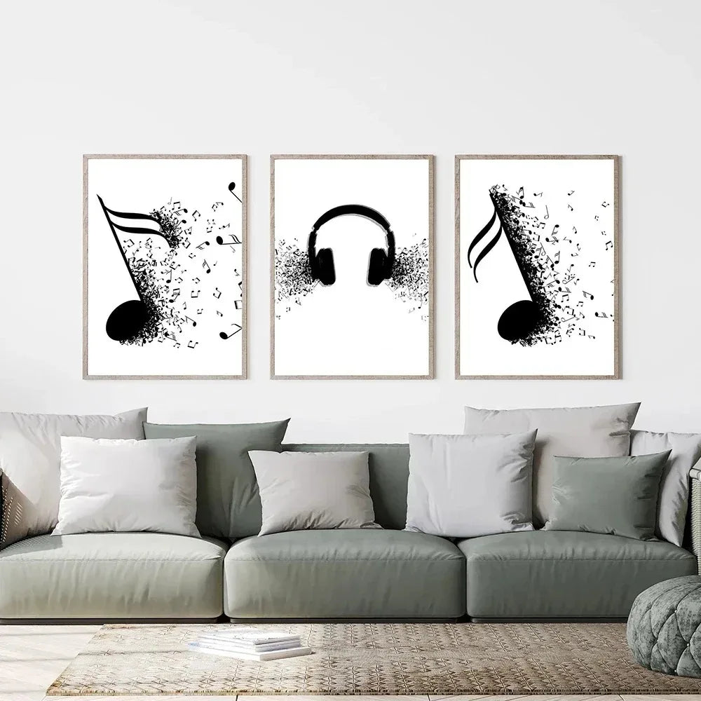 Abstract Wall Art Nordic Musical Note Headphones Canvas Painting Modern Poster Black.White Lines for Living Room Home Decoration Peaceful Pleasures Health and Wellness