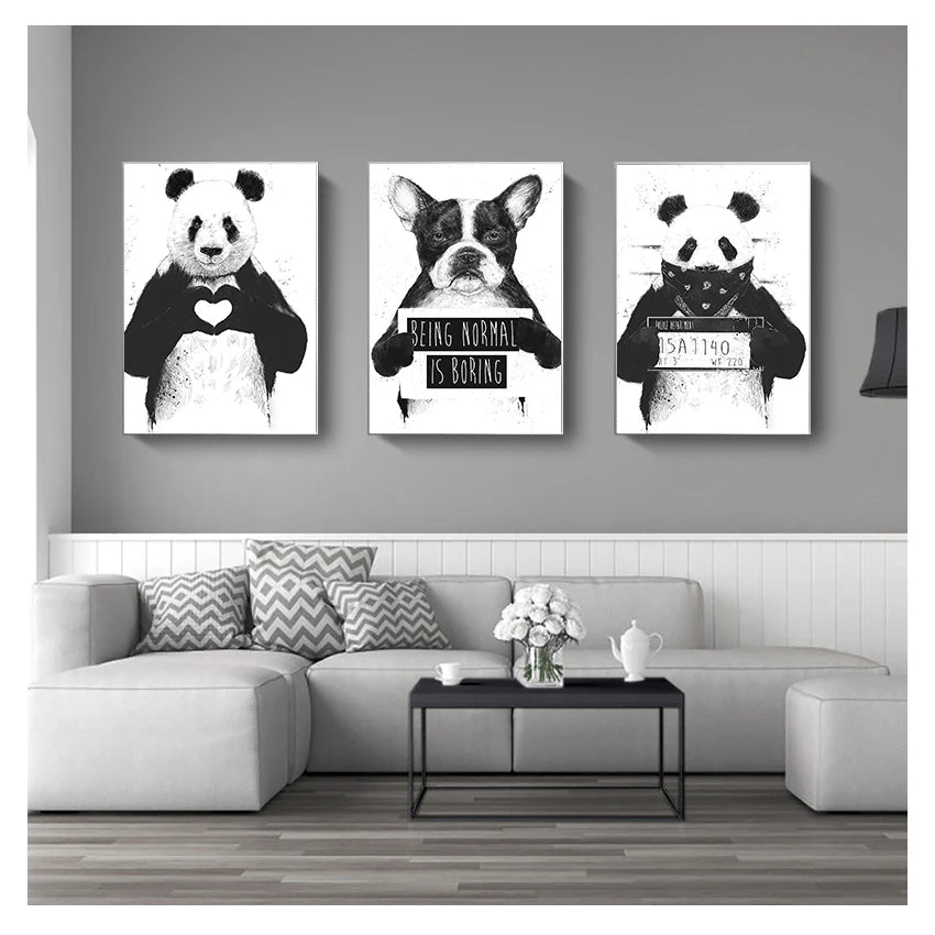 Nordic Cartoon Panda & Boston Terrier Canvas Wall Art Poster