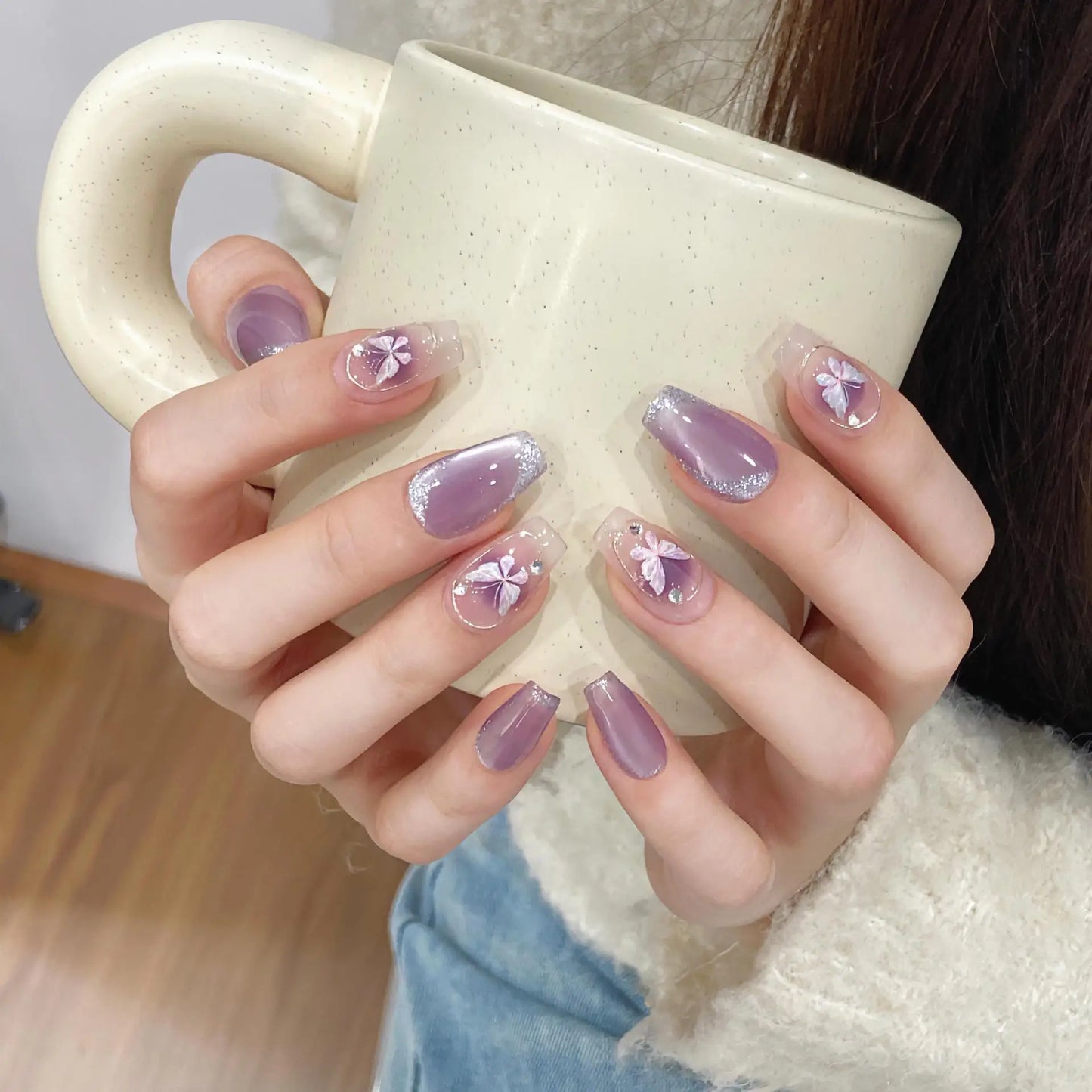 French Press-On Nails Cat Eye Pink Butterfly Short Fake Tips