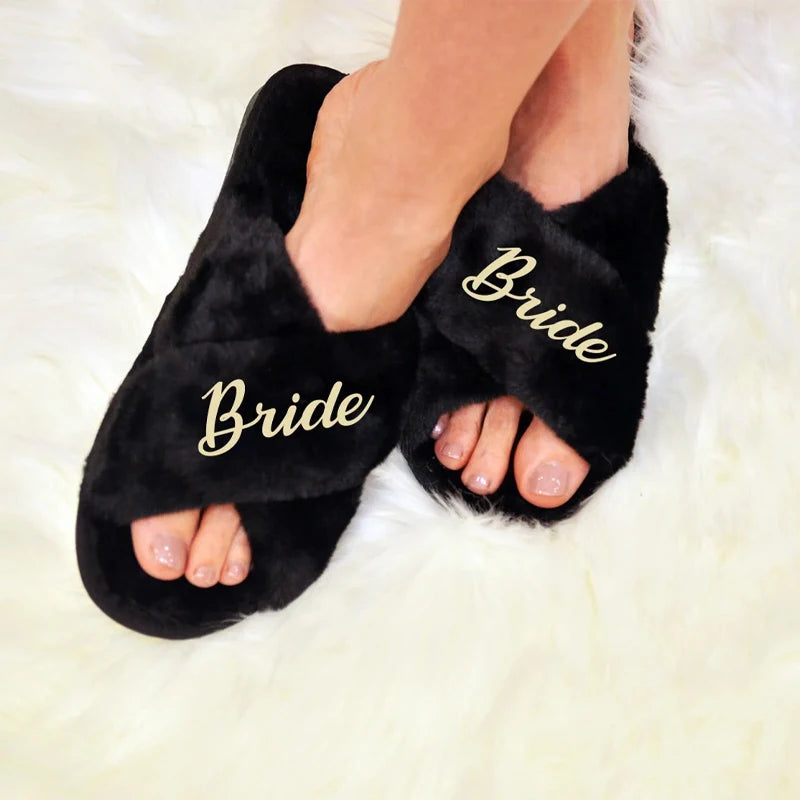 Bride Fluffy Cross Slippers | Bridal Shower & Wedding Gift Bridal Slippers Peaceful Pleasures Health and Wellness