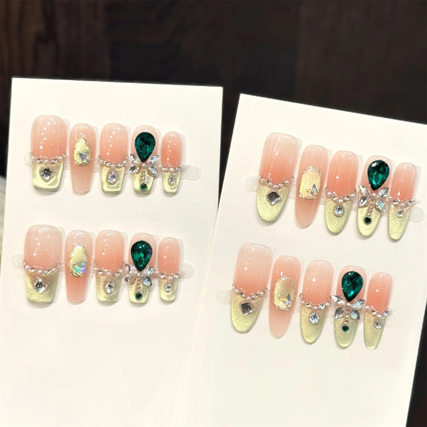 Handmade Press On Nails Glitter Green Rhinestone Gradient