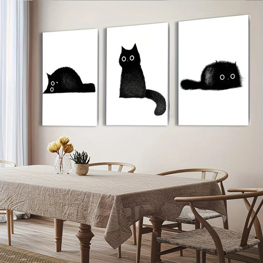 3-Piece Black Cat Canvas Wall Art Print | Modern Home Decor Canvas Wall Art Peaceful Pleasures Health and Wellness G4581-3pcs 30x40cm Unframed