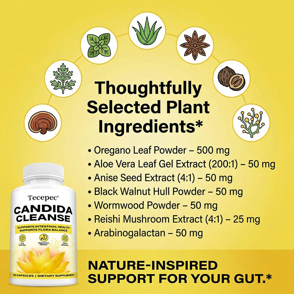 Candida Cleanse Capsules - Intestinal Colon Detox Gut Flora Balance Supports Digestion Relieve Bloating Antioxidant Supplement Peaceful Pleasures Health and Wellness