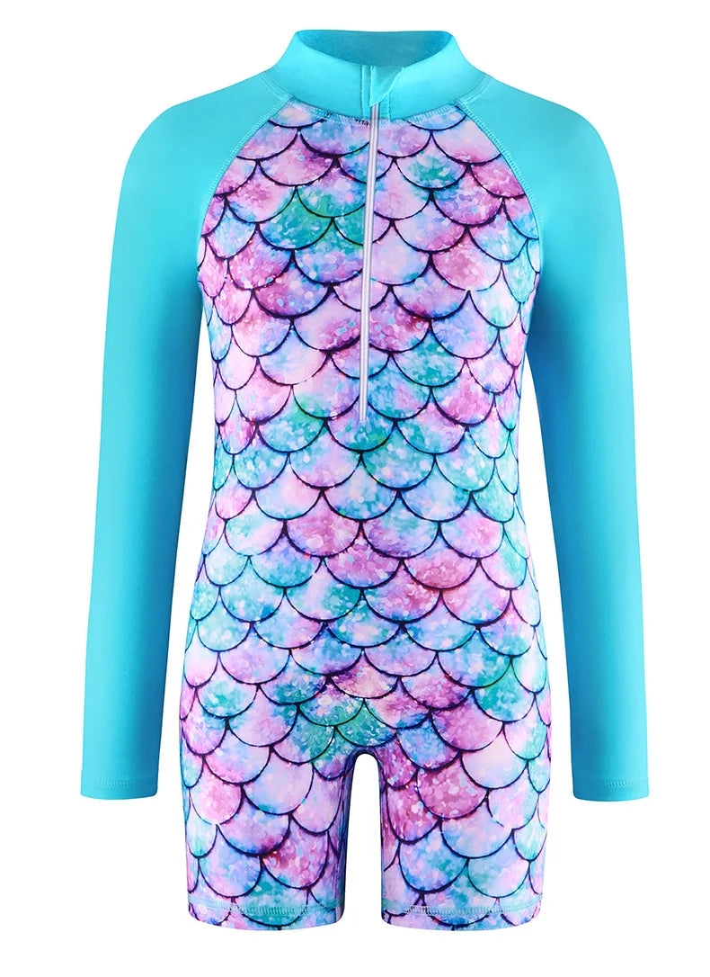 Princess Swimsuit Children's summer mermaid girls one-piece Long Sleeve Swimming Beach Wear Kids Children Swimwear Suit Peaceful Pleasures Health and Wellness SKY BLUE 130(6Y)