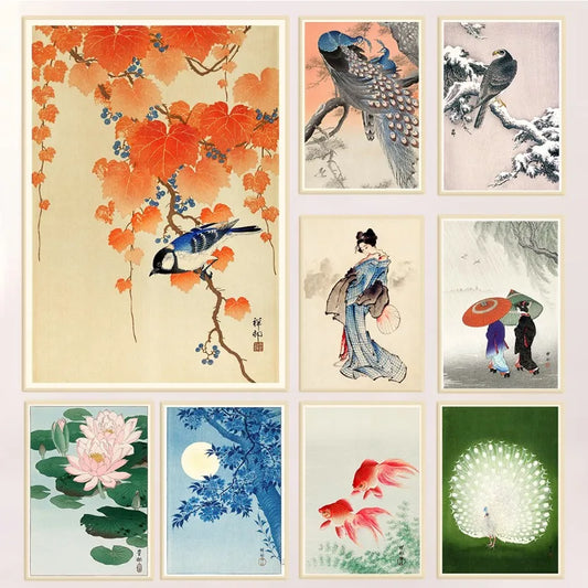 Ohara Koson Japanese Ukiyo Poster Vintage Goldfish Lotus Owl Peacock Geisha Canvas Painting Wall Art for Living Room Home Dec Peaceful Pleasures Health and Wellness