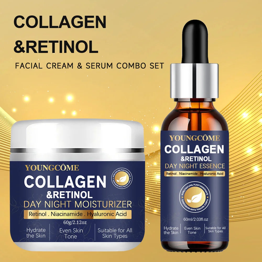 Collagen Retinol + Stem Cell Day Night Moisturizer & Serum Set - Hydrating Firming Skin Care with Niacinamide Hyaluronic Acid Peaceful Pleasures Health and Wellness